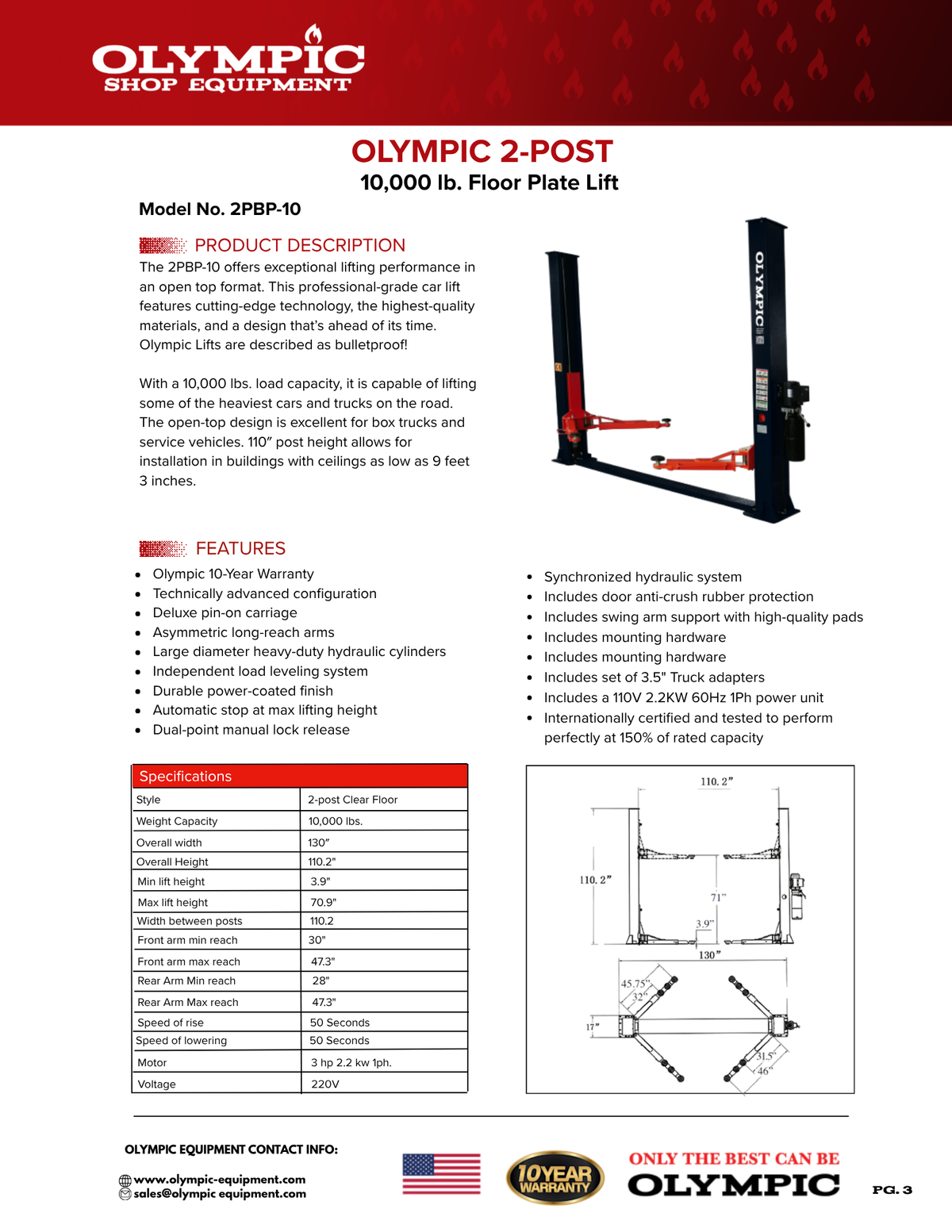 Olympic Equipment 10,000 lb Base Plate 2-Post Car Lift 2PBP-10