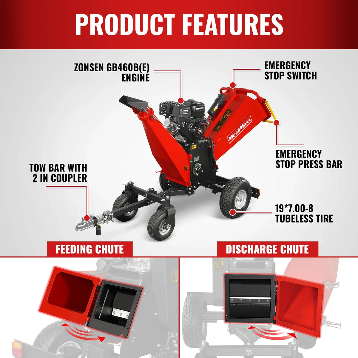 MechMaxx 6 inch ZONSEN E-Start 459cc 15hp Gas Powered 4 - Wheel Drum Wood Chipper with Taillight , B150