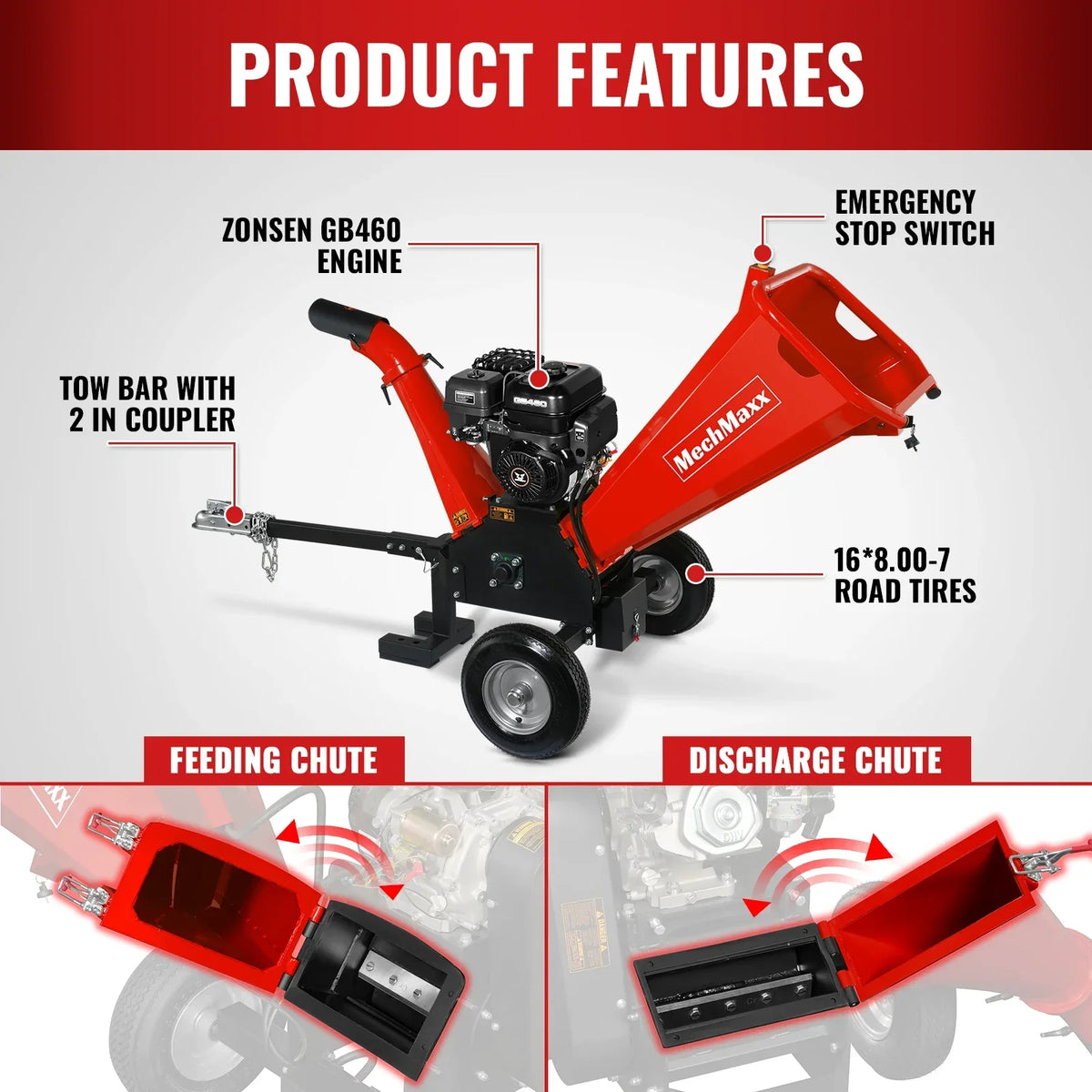MechMaxx 5 inch E-start ZONSEN 459cc Gasoline Engine Powered Wood Chipper , GS1500