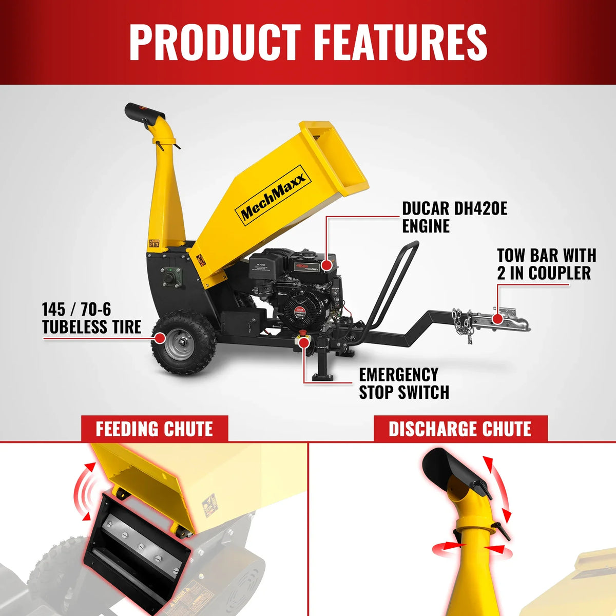 MechMaxx 5 inch E-start DUCAR 420cc 15hp Gasoline Engine Powered Drum Wood Chipper with Towbar , PGS1500