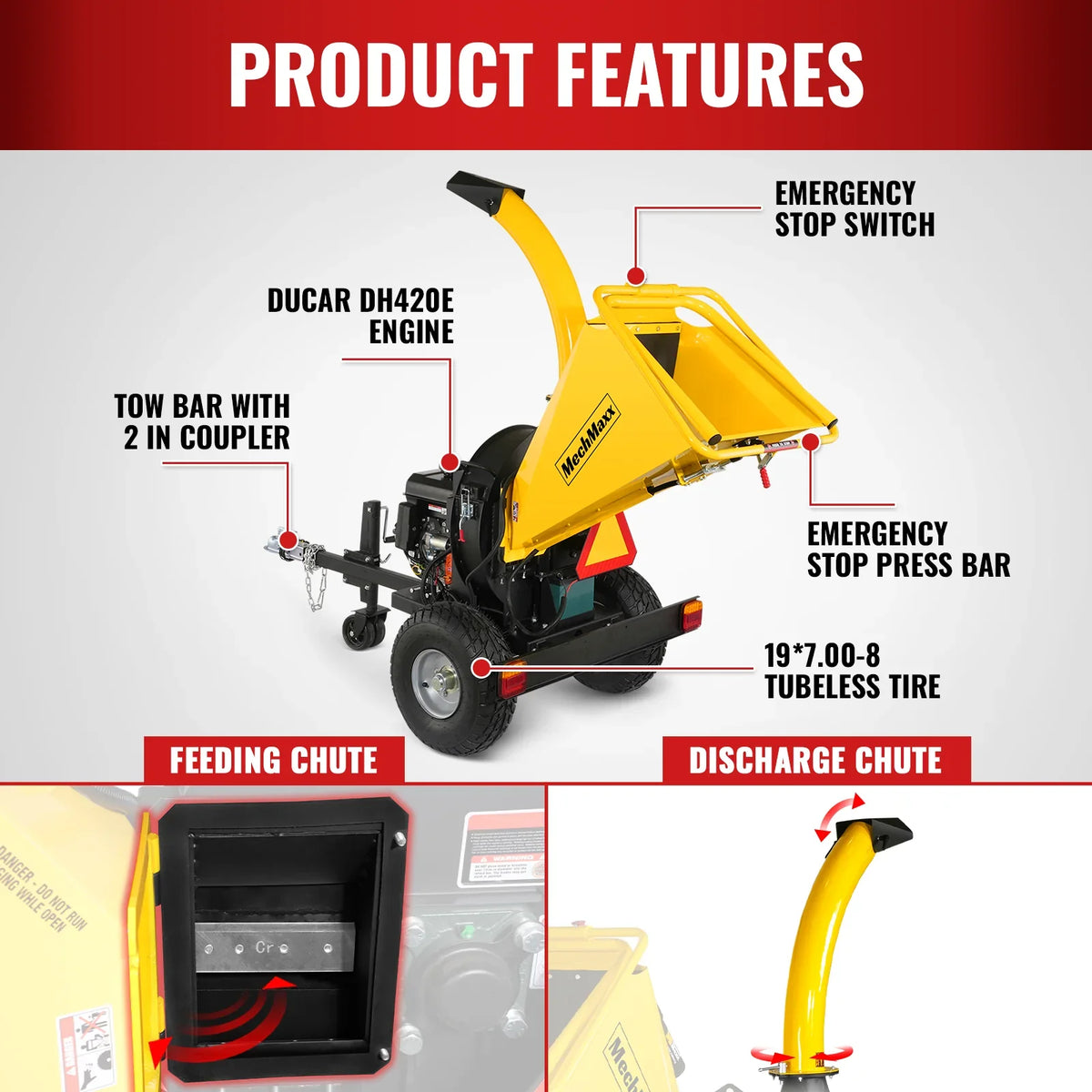 MechMaxx 5 inch E-start DUCAR 420cc 15hp Gasoline Engine Powered Disc Wood Chipper with Taillight , P4205