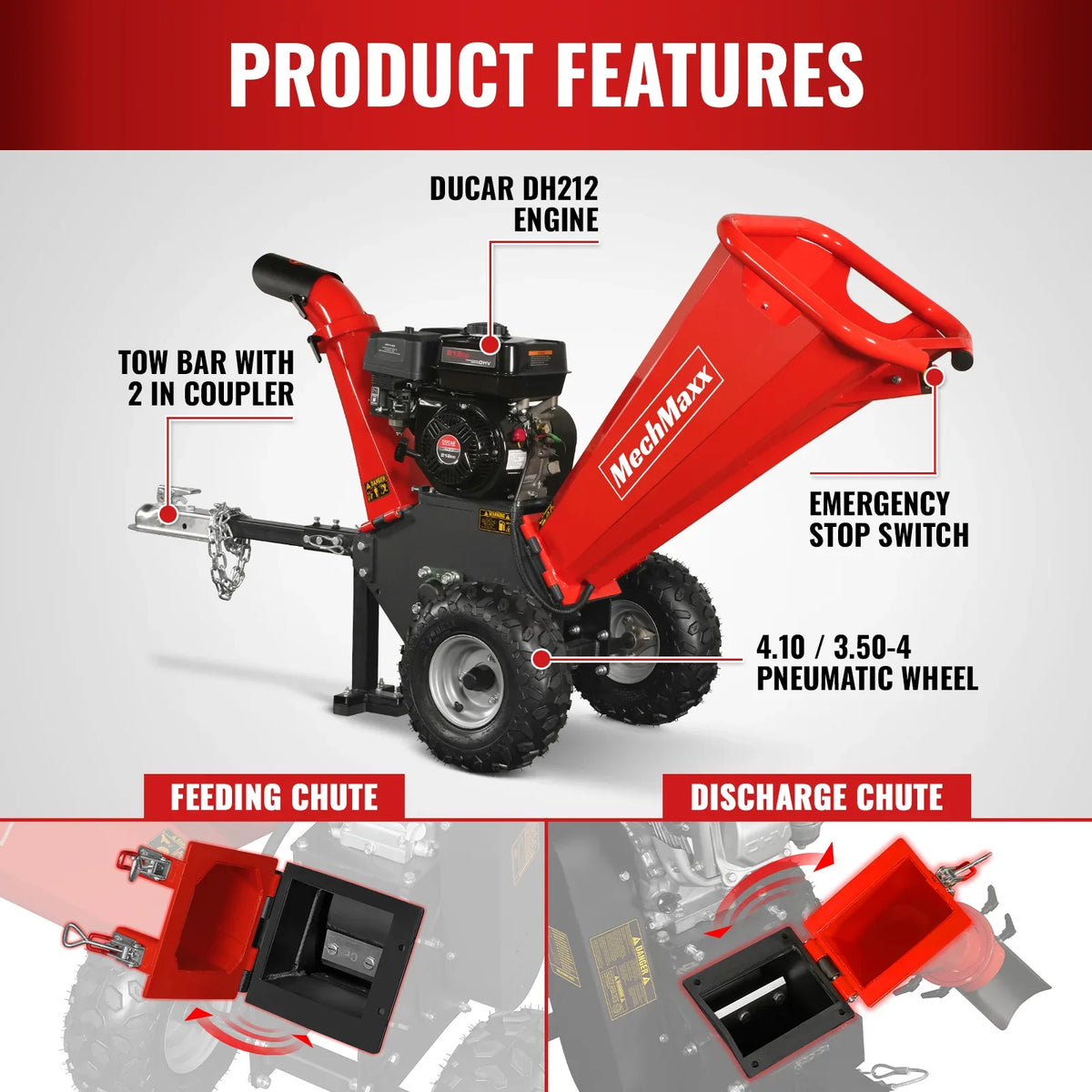 MechMaxx 4 inch DUCAR 212cc 7hp Gas Engine Powered Wood Chipper with Towbar,  GS650