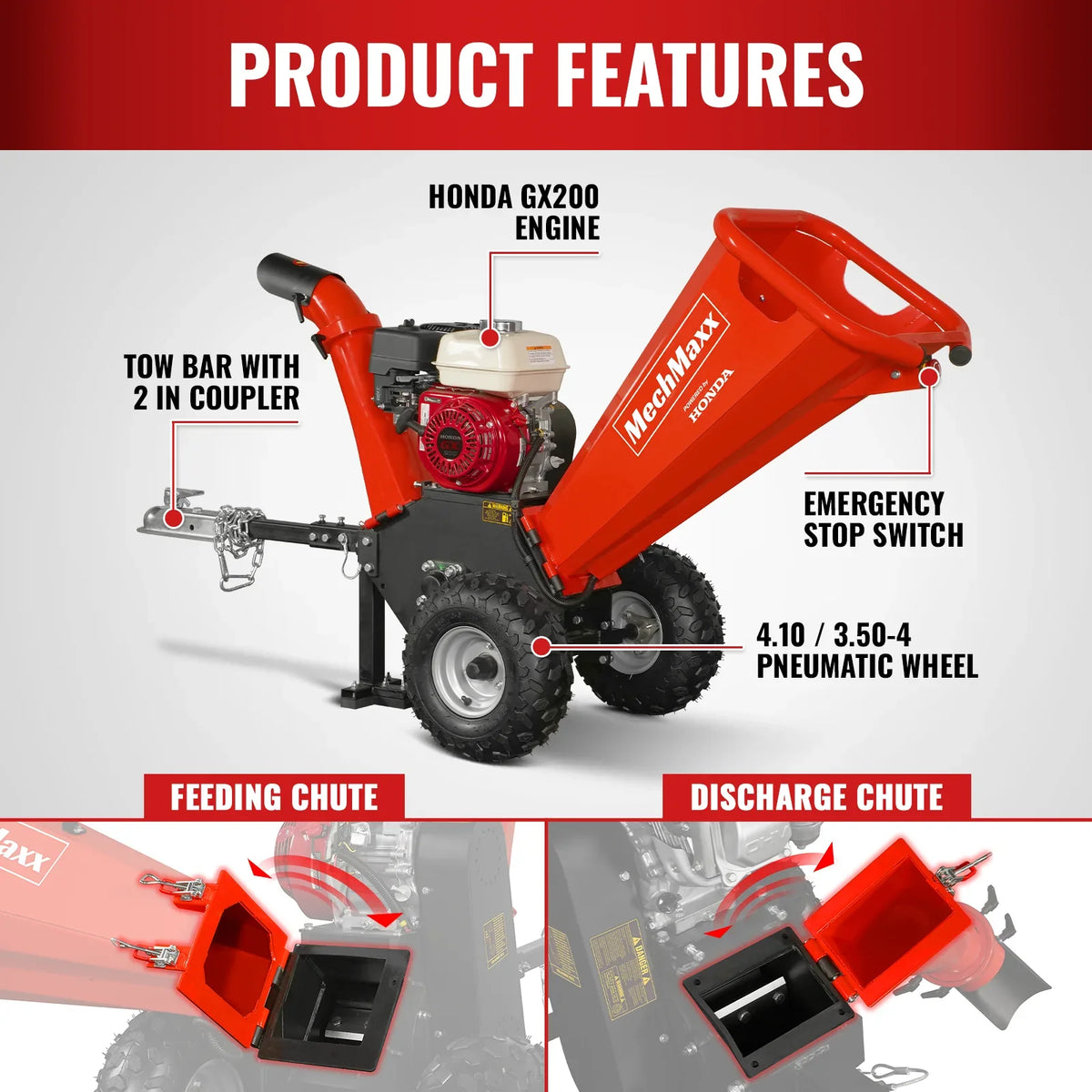 MechMaxx HONDA GX200 Gasoline Engine Powered 4 inch Wood Chipper,  GS650