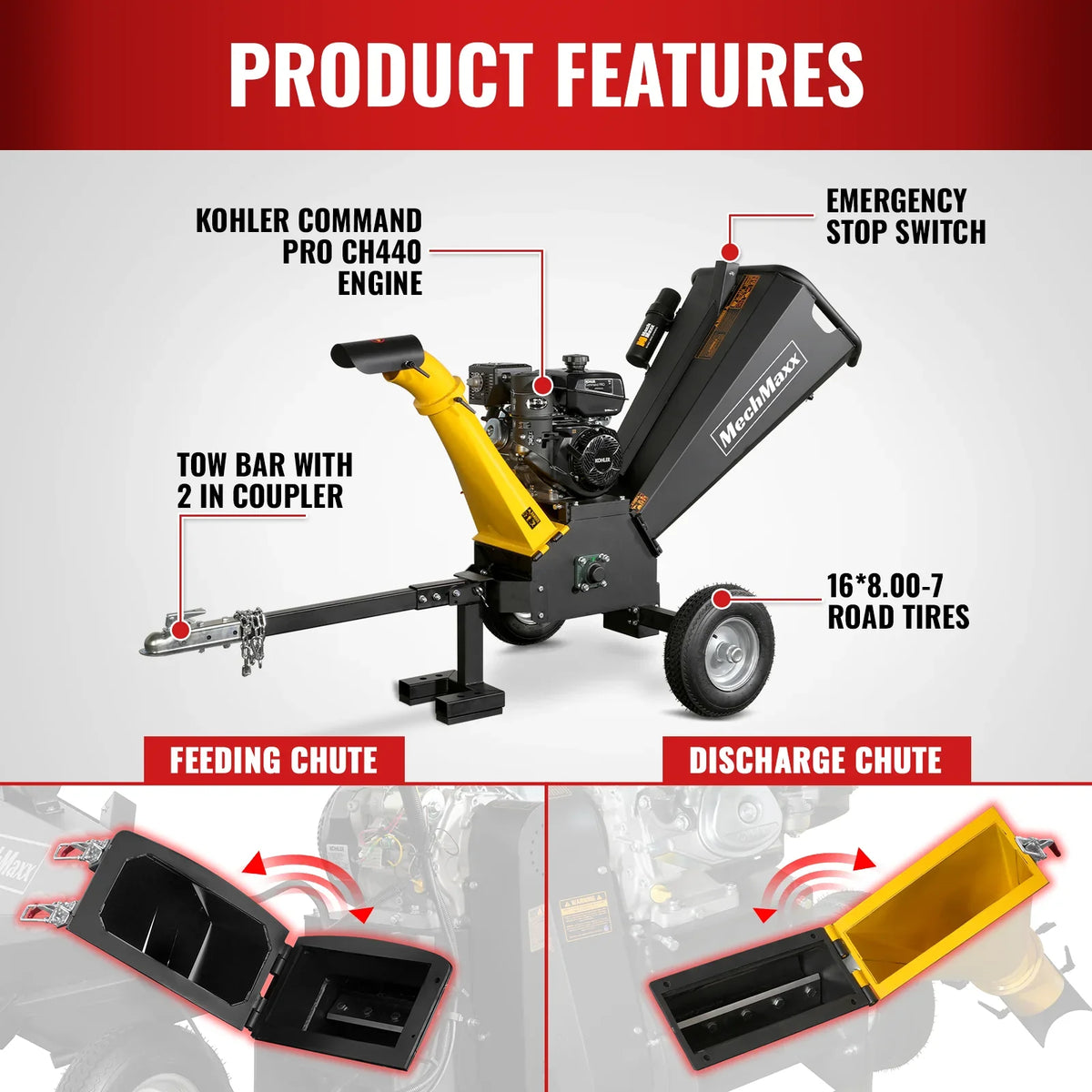 MechMaxx 5 inch E-start KOHLER 429cc Gasoline Engine Powered Wood Chipper,  GS1500